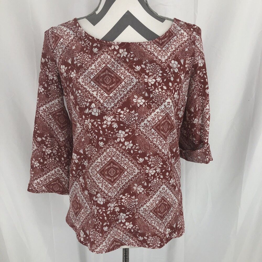 Pink Rose White Red Floral Roll Tab 3/4 Sleeve Back Zip Blouse Small